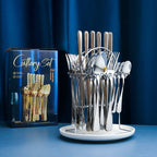 24pcs Stainless Steel Cutlery Set with Holder - Steak Knife Fork Spoon