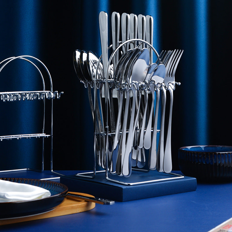 24pcs Stainless Steel Cutlery Set with Holder - Steak Knife Fork Spoon