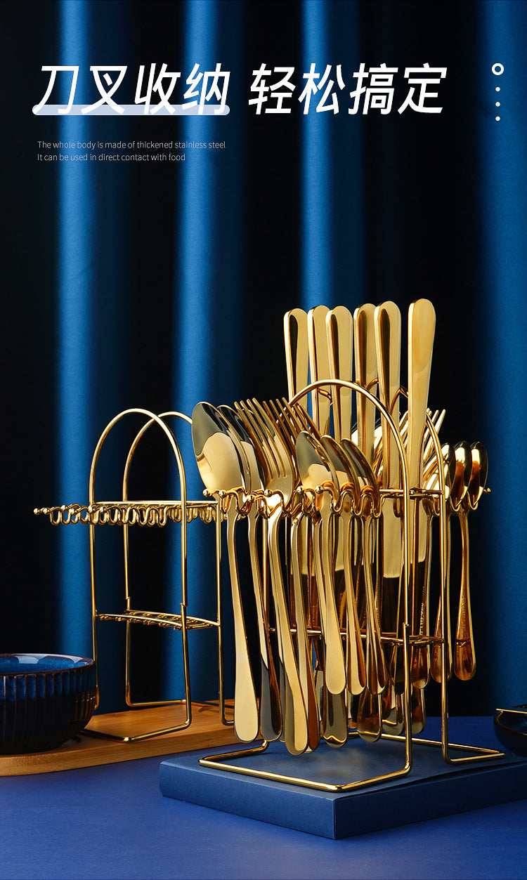 24pcs Stainless Steel Cutlery Set with Holder - Steak Knife Fork Spoon