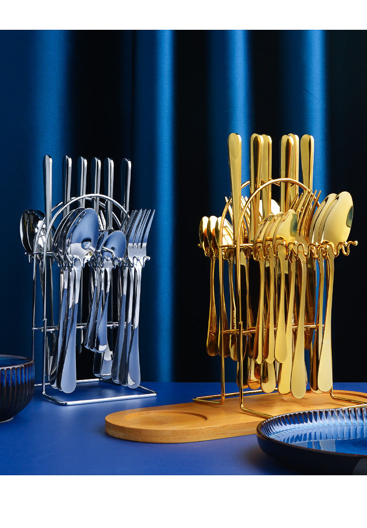 24pcs Stainless Steel Cutlery Set with Holder - Steak Knife Fork Spoon