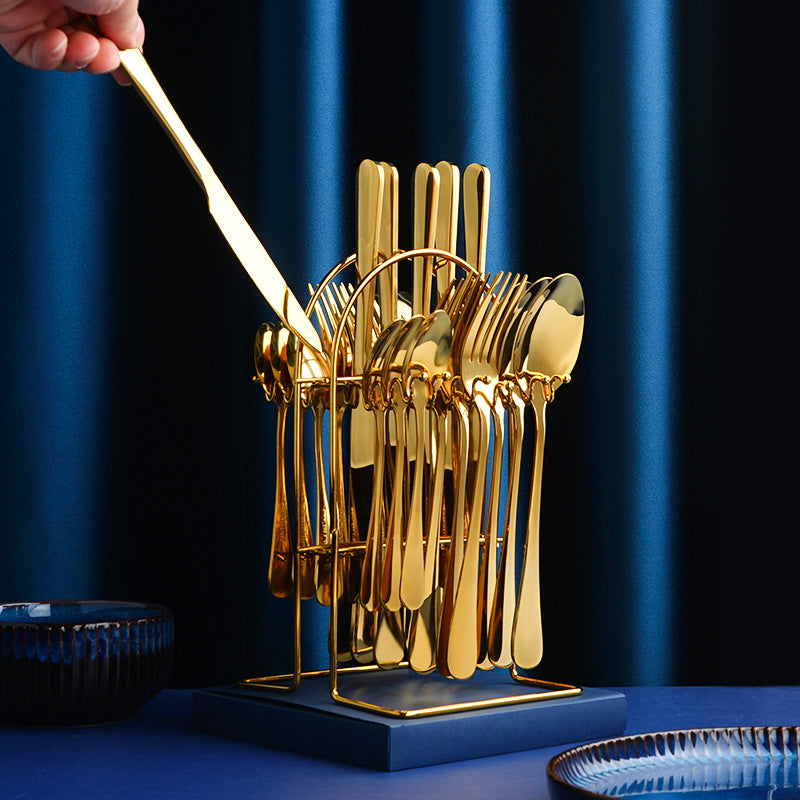 24pcs Stainless Steel Cutlery Set with Holder - Steak Knife Fork Spoon