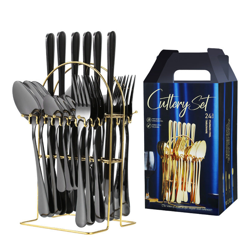 24pcs Stainless Steel Cutlery Set with Holder - Steak Knife Fork Spoon